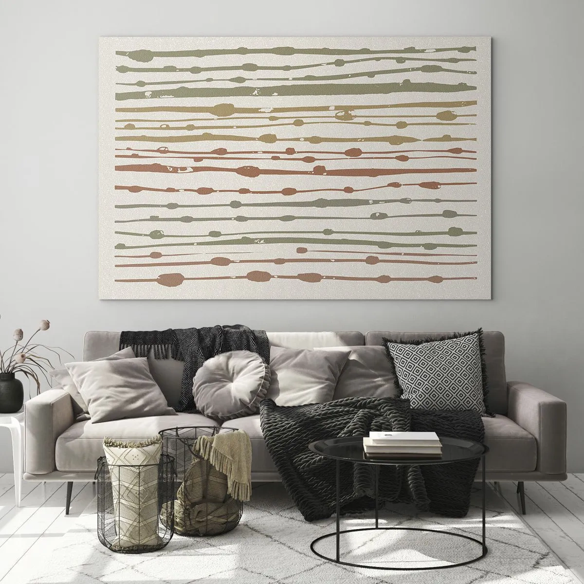 Obraz na skle - Barevné čáry a skvrny tvořící rytmickou kompozici - 70x50cm - Hudební záznam barev - Moderní nástěnná dekorace do obývacího pokoje a ložnice ARTTOR