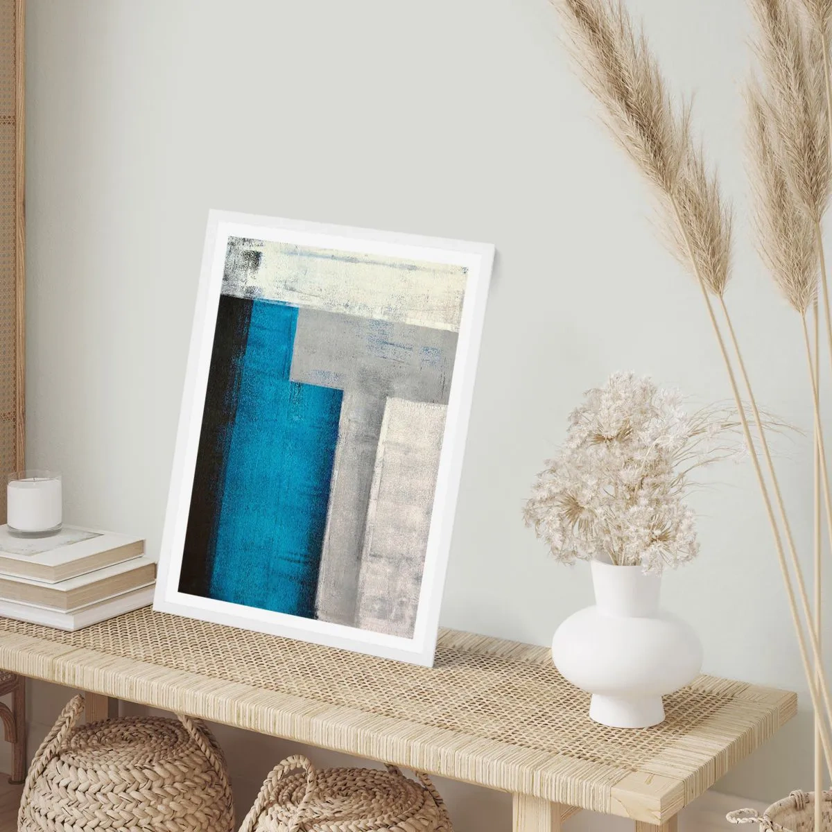 Plakát v bílém rámu - Poetická kompozice šedé a modré - 40x50 cm