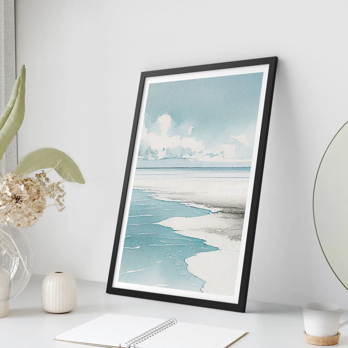 Plakát v černém rámu - Akvarelová přímořská krajina v pastelových odstínech - 50x70cm - Jemný příliv - Moderní nástěnná dekorace do obývacího pokoje a ložnice ARTTOR