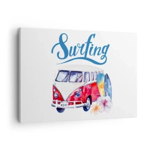 Obraz na plátně - Barevná grafika s autobusem a surfovacím tématem - 70x50cm - Okurka - klasika pro surfaře - Moderní nástěnná dekorace do obývacího pokoje a ložnice ARTTOR