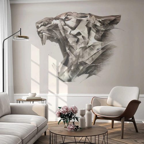 Fototapeta Standard Eco - Geometrická hlava řvoucího tygra v odstínech šedé - 100x70cm - Už víš, kdo vládne - Moderní nástěnná dekorace do obývacího pokoje a ložnice ARTTOR