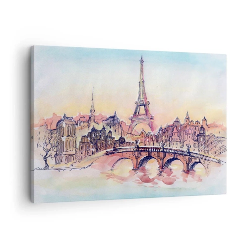 Obraz na plátně - Akvarelové panorama Paříže s Eiffelovou věží při západu slunce - 70x50cm - Jediné takové město na světě - Moderní nástěnná dekorace do obývacího pokoje a ložnice ARTTOR