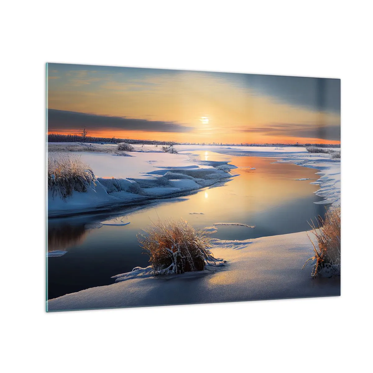 Obraz na skle - Zimní krajina se západem slunce nad zamrzlou řekou - 70x50cm - Zimní západ slunce - Moderní nástěnná dekorace do obývacího pokoje a ložnice ARTTOR