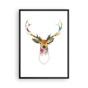Plakát v černém rámu - Barevný jelen v abstraktním stylu na bílém pozadí - 50x70cm - Líbezný jelínek vykoupaný v barvě - Moderní nástěnná dekorace do obývacího pokoje a ložnice ARTTOR