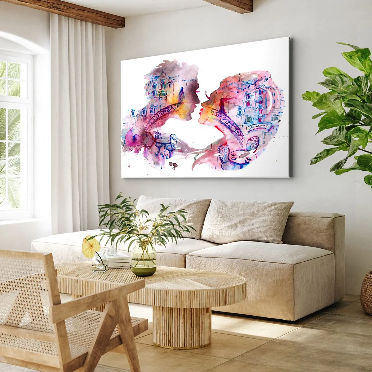 Obraz na plátně - Romantický akvarel zobrazující siluety milenců - 70x50cm - Tajemný most vzdychání - Moderní nástěnná dekorace do obývacího pokoje a ložnice ARTTOR
