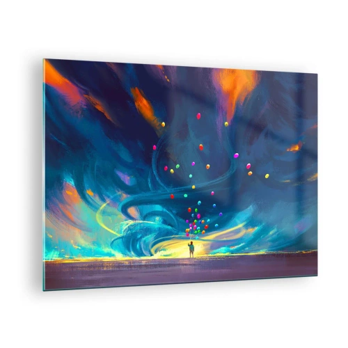 Obraz na skle - Osoba držící barevné balónky na modrém větrném pozadí. - 70x50cm - Na modrý vítr - Moderní nástěnná dekorace do obývacího pokoje a ložnice ARTTOR
