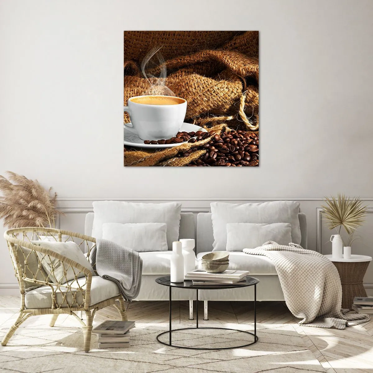 Obraz na skle - Vůně moka a hustota medové tekutiny - 30x30 cm