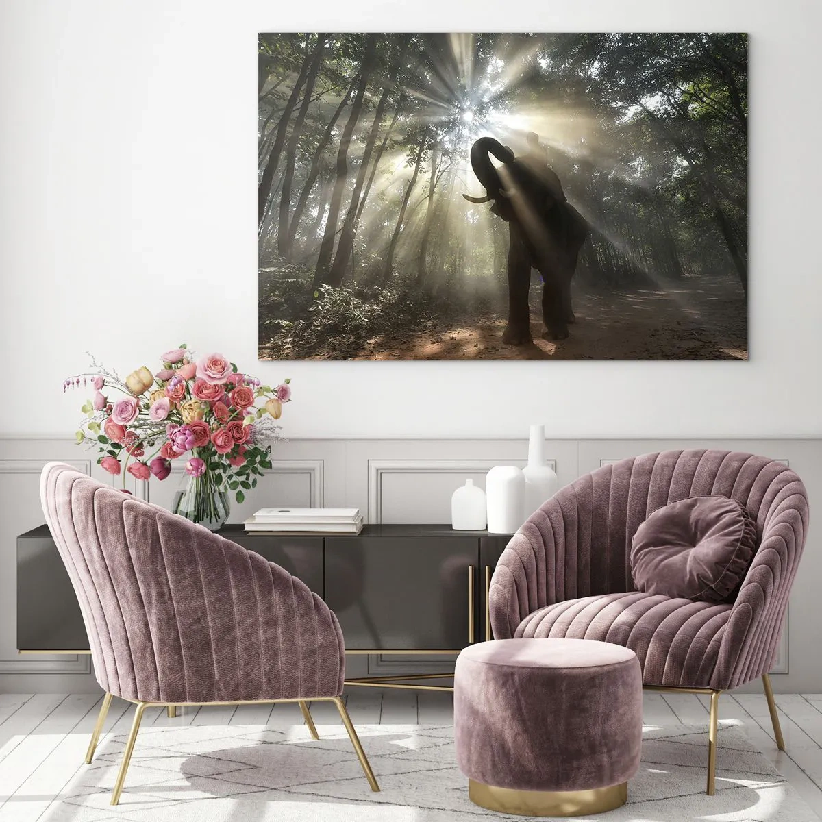 Obraz na skle - Slon v lese osvětleném slunečním světlem - 70x50cm - Pod šťastnou hvězdou - Moderní nástěnná dekorace do obývacího pokoje a ložnice ARTTOR