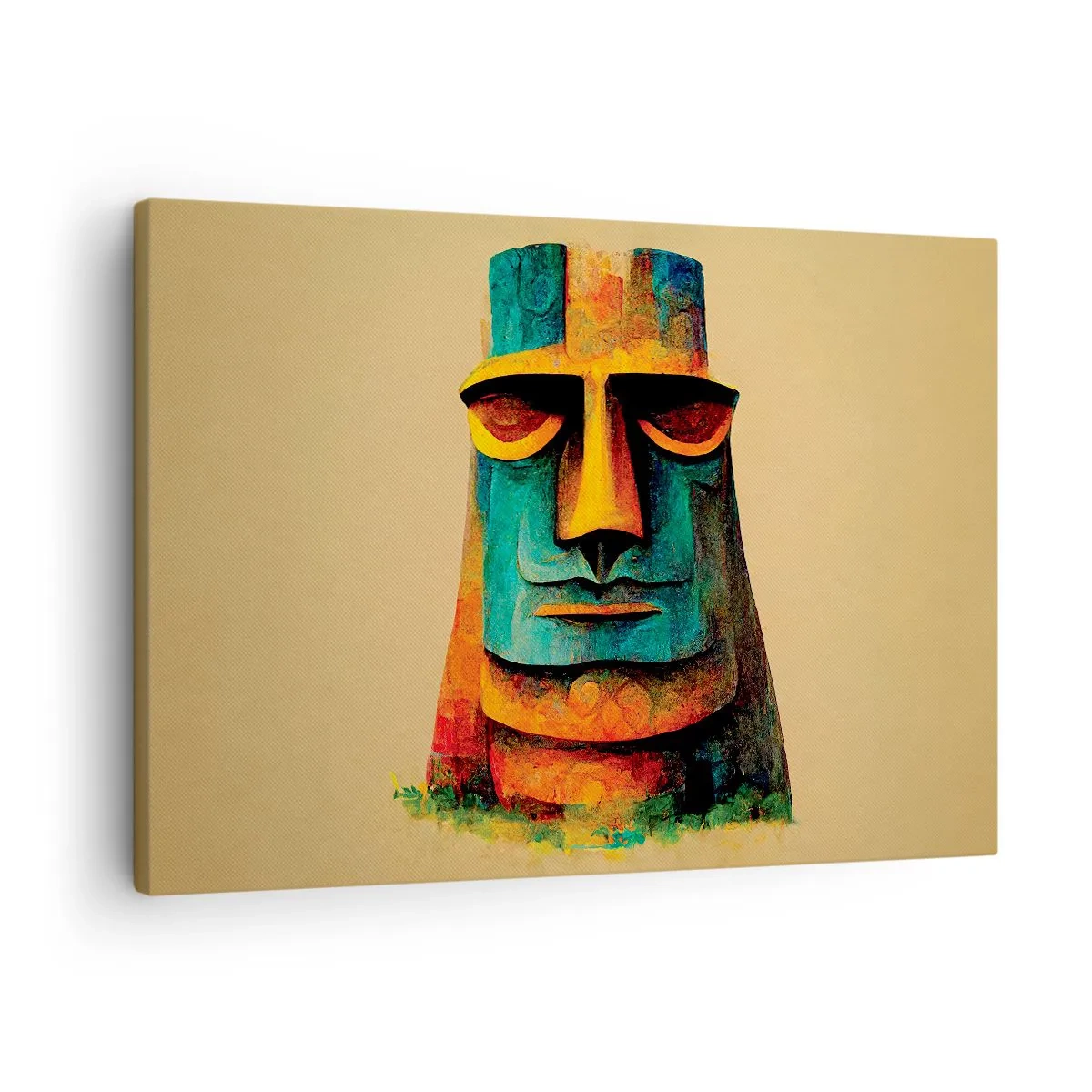 Obraz na plátně - Barevná socha z Velikonočního ostrova - 70x50cm - Sošný, ale sympatický - Moderní nástěnná dekorace do obývacího pokoje a ložnice ARTTOR