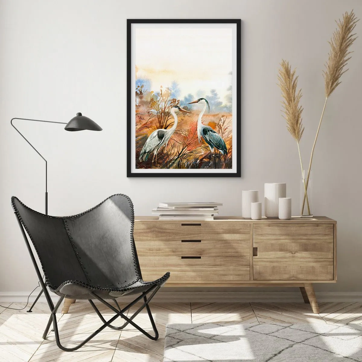 Plakát v černém rámu - Jeřábi na pozadí podzimní krajiny v akvarelu - 50x70cm - Kam na podzim? - Moderní nástěnná dekorace do obývacího pokoje a ložnice ARTTOR