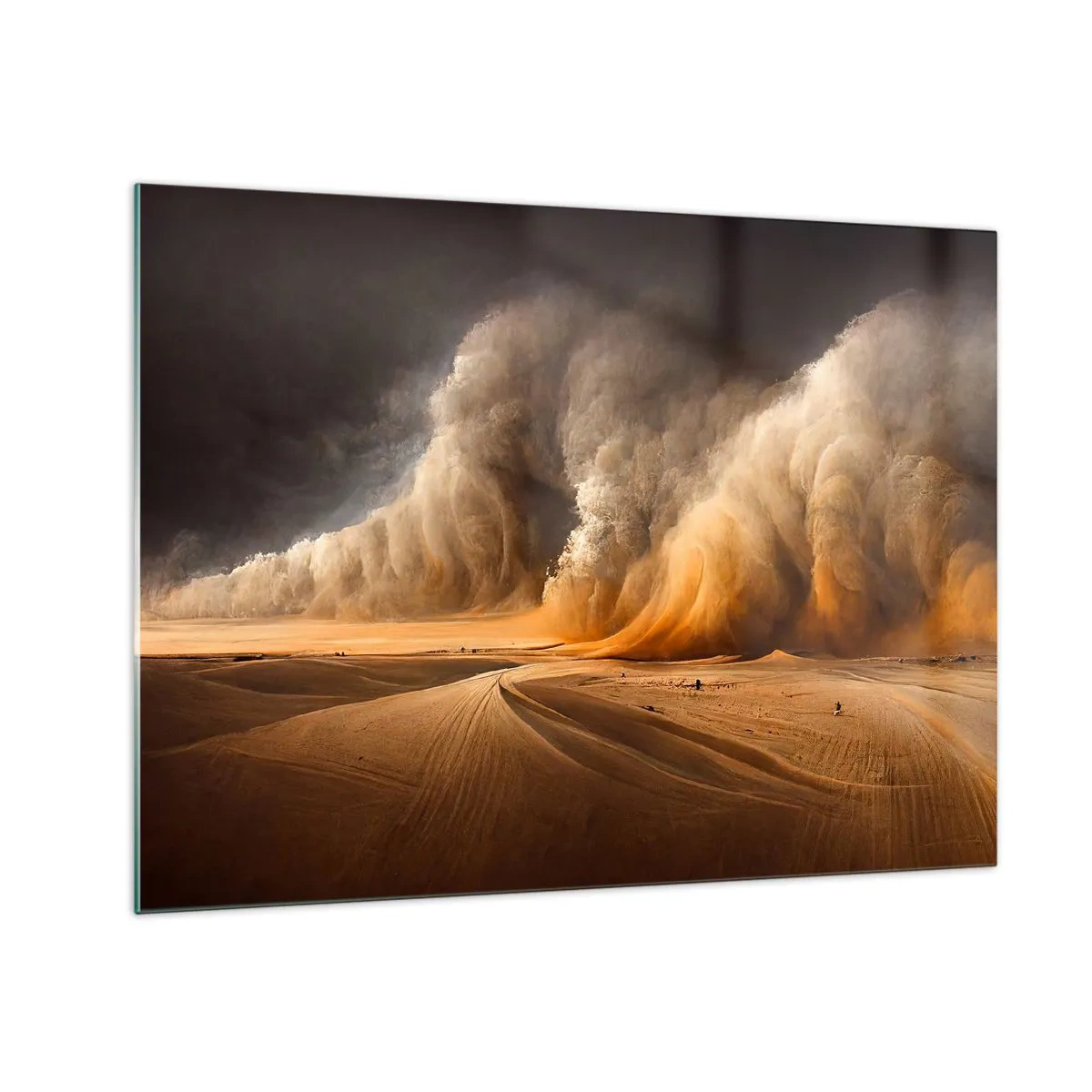 Obraz na skle - Písečná bouře nad pouští v dramatickém světle - 70x50cm - Hněv pouště - Moderní nástěnná dekorace do obývacího pokoje a ložnice ARTTOR