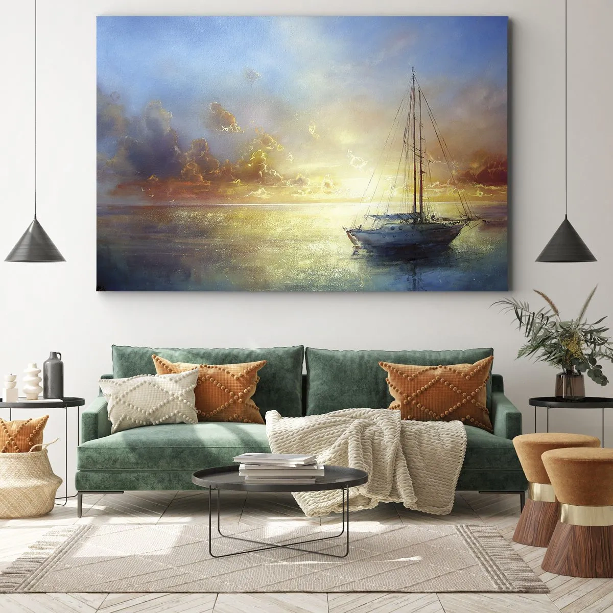 Obraz na plátně - Jachta na klidném moři při západu slunce - 70x50cm - Ve zlatém zálivu - Moderní nástěnná dekorace do obývacího pokoje a ložnice ARTTOR