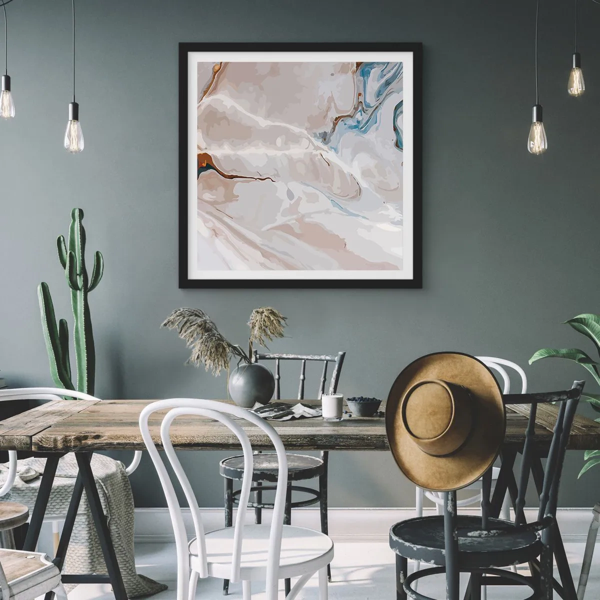 Plakát v černém rámu - Modré meandry pod bílou - 40x40 cm