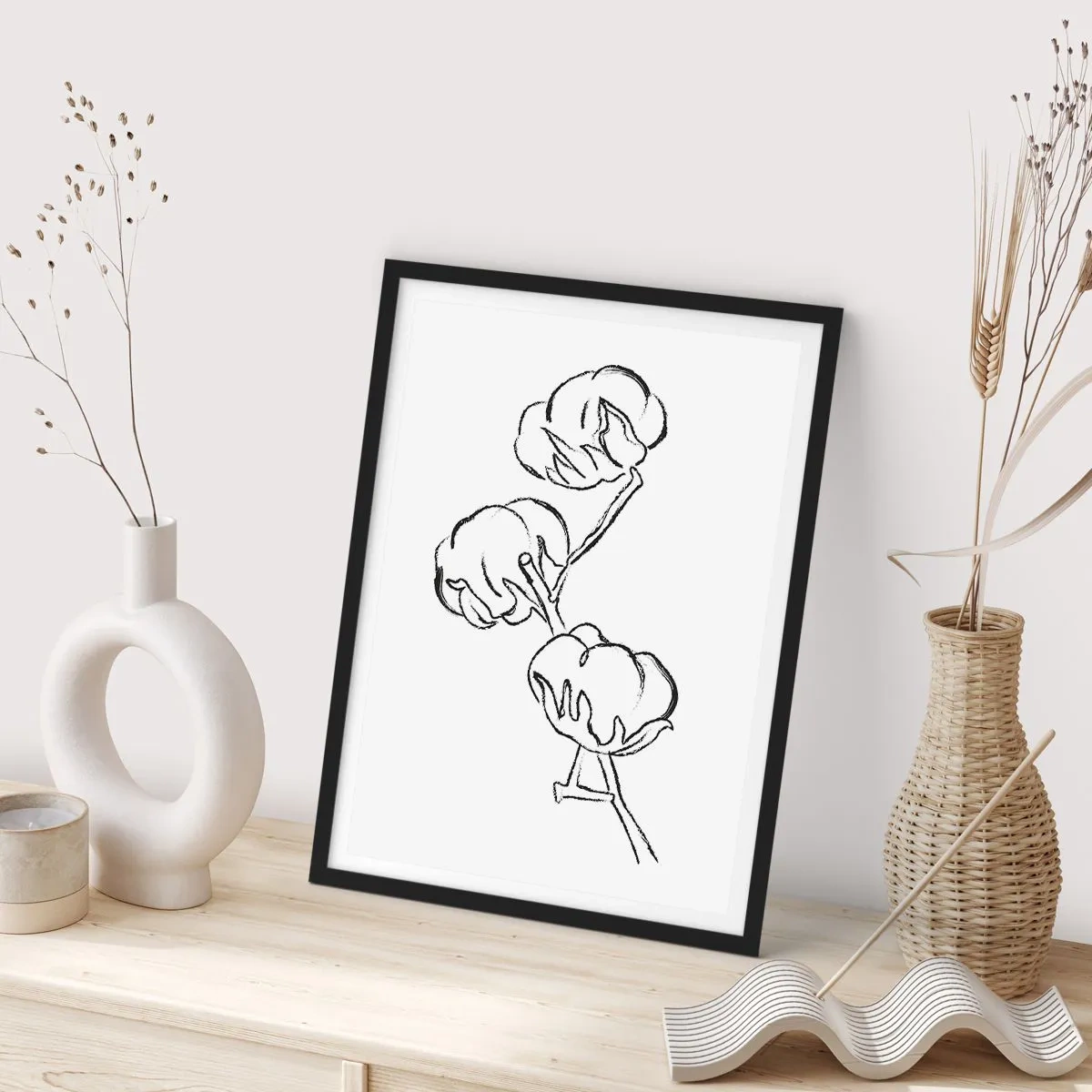 Plakát v černém rámu - Minimalistická skica bavlníkové větve - 50x70cm - Bavlněné chmýří - Moderní nástěnná dekorace do obývacího pokoje a ložnice ARTTOR