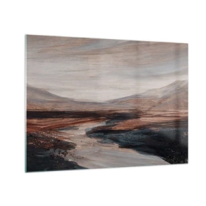 Obraz na skle - Malebné údolí s řekou v odstínech hnědé a modré - 70x50cm -  Klidné údolí - Moderní nástěnná dekorace do obývacího pokoje a ložnice ARTTOR