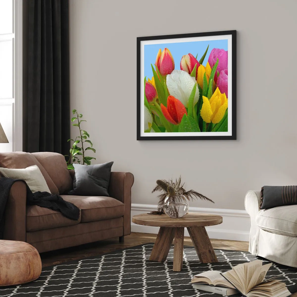 Plakát v černém rámu - Květinová duha v kapkách rosy - 30x30 cm
