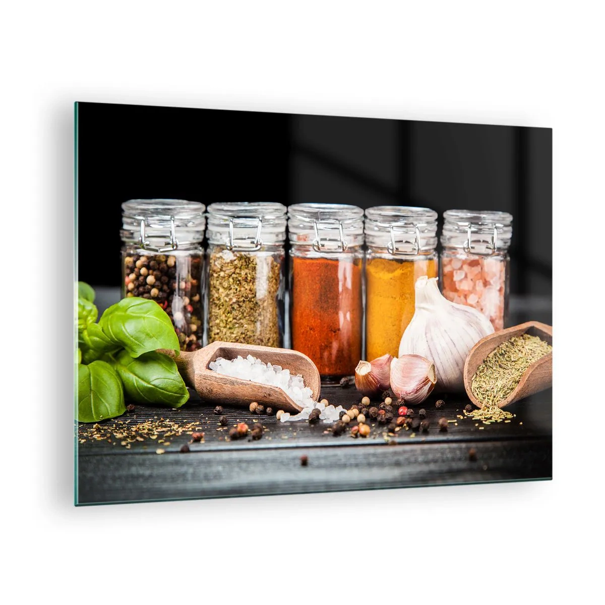 Obraz na skle - Barevné koření ve sklenicích na tmavém pozadí - 70x50cm - Aby měl život chuť - Moderní nástěnná dekorace do obývacího pokoje a ložnice ARTTOR