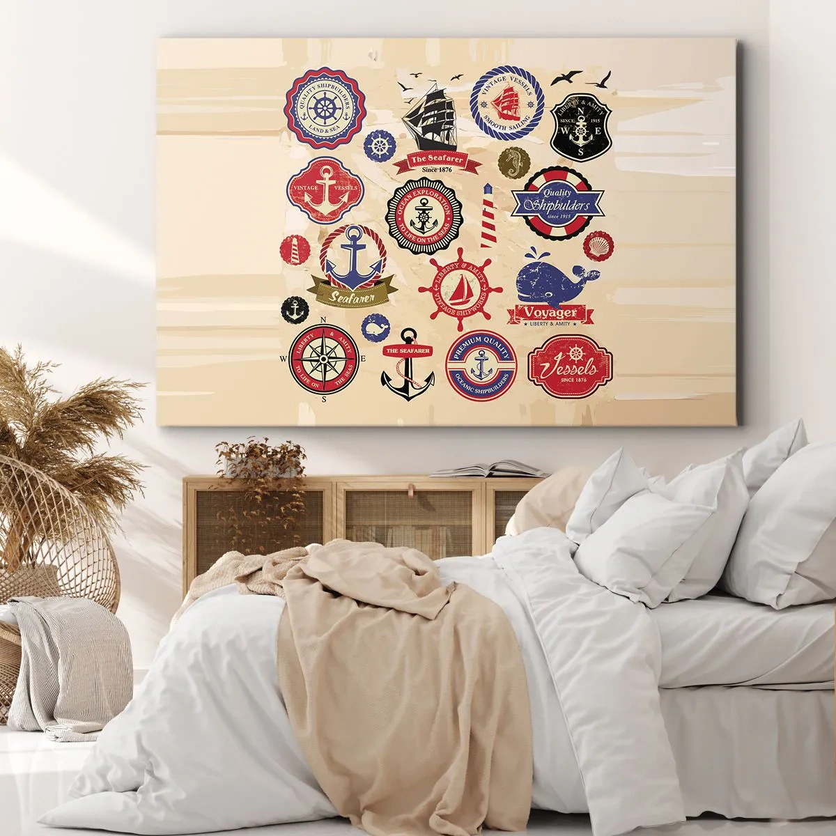 Obraz na plátně - Kolekce námořní grafiky a symbolů na světlém pozadí - 70x50cm - Námořnické bratrstvo - Moderní nástěnná dekorace do obývacího pokoje a ložnice ARTTOR