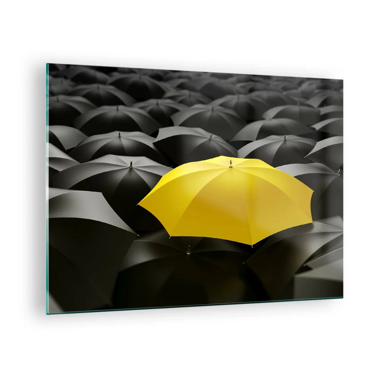 Obraz na skle - Žlutý deštník vyčnívající mezi černými - 70x50cm - Sbohem smutku - Moderní nástěnná dekorace do obývacího pokoje a ložnice ARTTOR