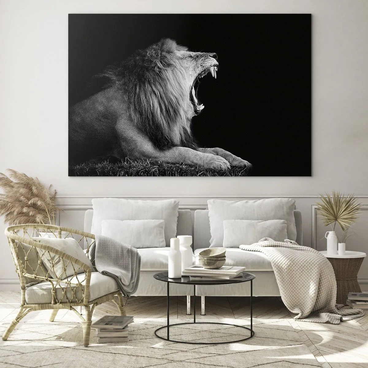 Obraz na skle - Černobílý portrét lva řvoucího proti stínu - 70x50cm - Bez nejmenších pochyb - Moderní nástěnná dekorace do obývacího pokoje a ložnice ARTTOR
