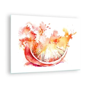 Obraz na skle - Akvarelová malba šťavnatého segmentu grapefruitu v pohybu - 70x50cm - Šťavnaté osvěžení - Moderní nástěnná dekorace do obývacího pokoje a ložnice ARTTOR