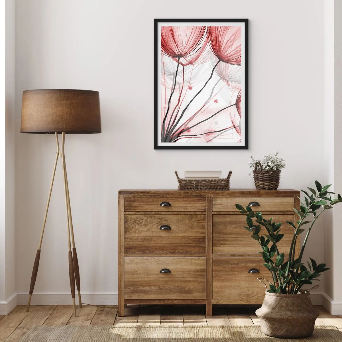 Plakát v černém rámu - Jemné pampelišky v odstínech červené a černé - 50x70cm - Před odletem - Moderní nástěnná dekorace do obývacího pokoje a ložnice ARTTOR