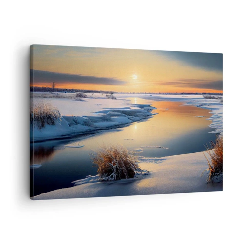 Obraz na plátně - Zimní krajina s řekou při západu slunce - 70x50cm - Zimní západ slunce - Moderní nástěnná dekorace do obývacího pokoje a ložnice ARTTOR