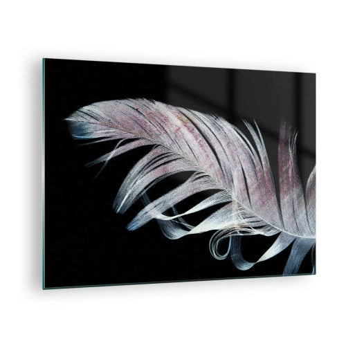 Obraz na skle - Jemné pírko na černém pozadí v uměleckém pojetí - 70x50cm - Přemýšlejte o dotyku - Moderní nástěnná dekorace do obývacího pokoje a ložnice ARTTOR