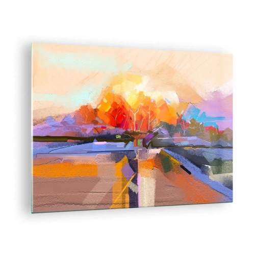Obraz na skle - Abstraktní krajina se západem slunce a barevnými poli - 70x50cm - Je podzim - Moderní nástěnná dekorace do obývacího pokoje a ložnice ARTTOR