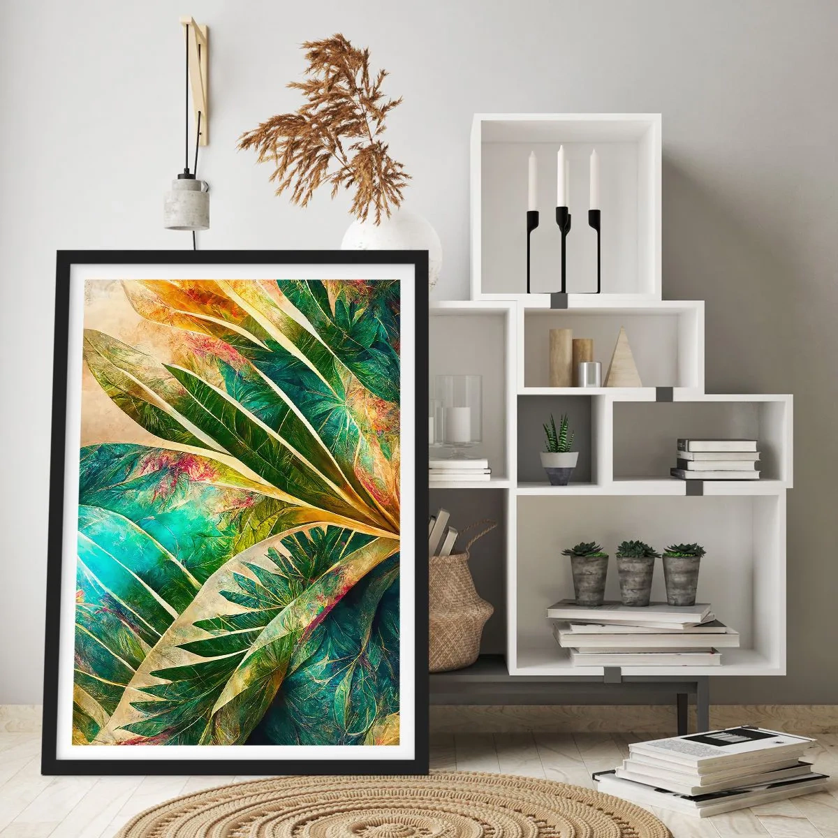 Plakát v černém rámu - Listová kompozice v zelených a zlatých tónech - 50x70cm - Barvy tropů - Moderní nástěnná dekorace do obývacího pokoje a ložnice ARTTOR