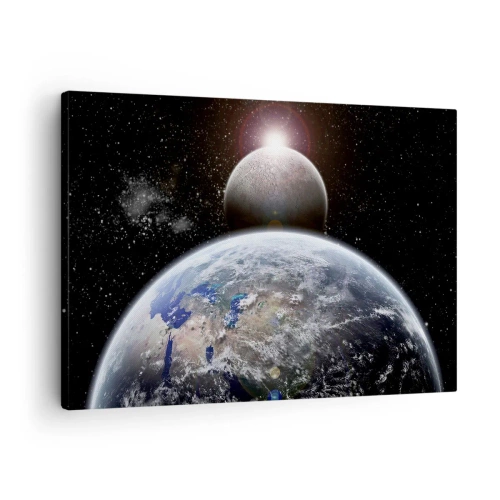 Obraz na plátně - Planeta Země a Měsíc na pozadí hvězdného vesmíru. - 70x50cm - Vesmírná krajina - východ slunce - Moderní nástěnná dekorace do obývacího pokoje a ložnice ARTTOR