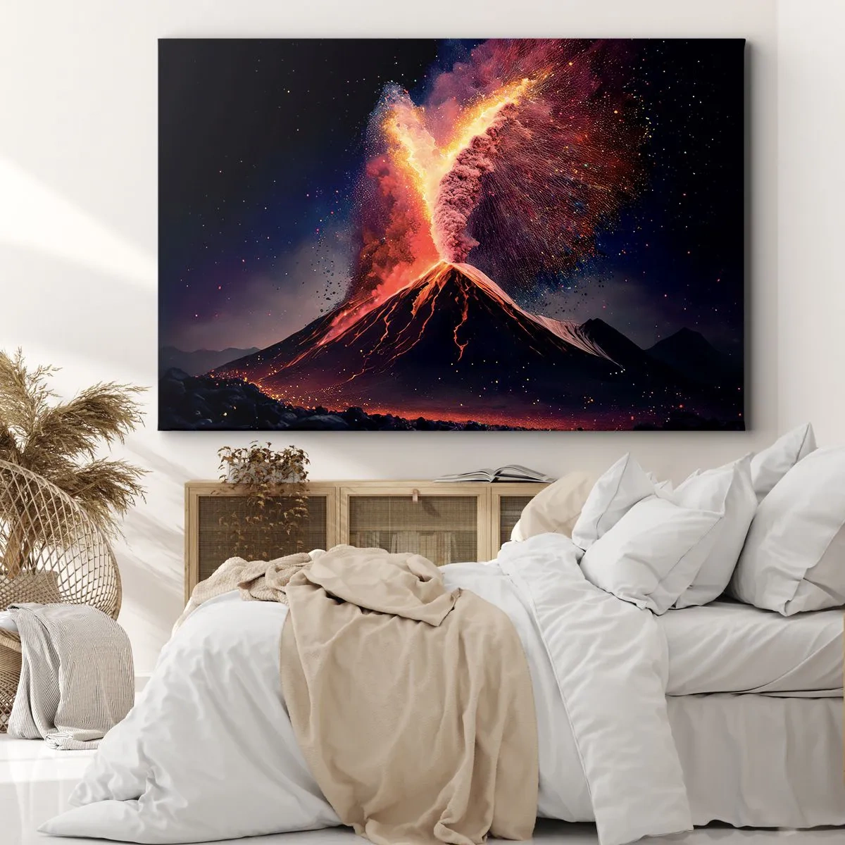 Obraz na plátně - Unikátní sopečná erupce v noci s dynamickými barvami. - 70x50cm - Krása a hrůza - Moderní nástěnná dekorace do obývacího pokoje a ložnice ARTTOR