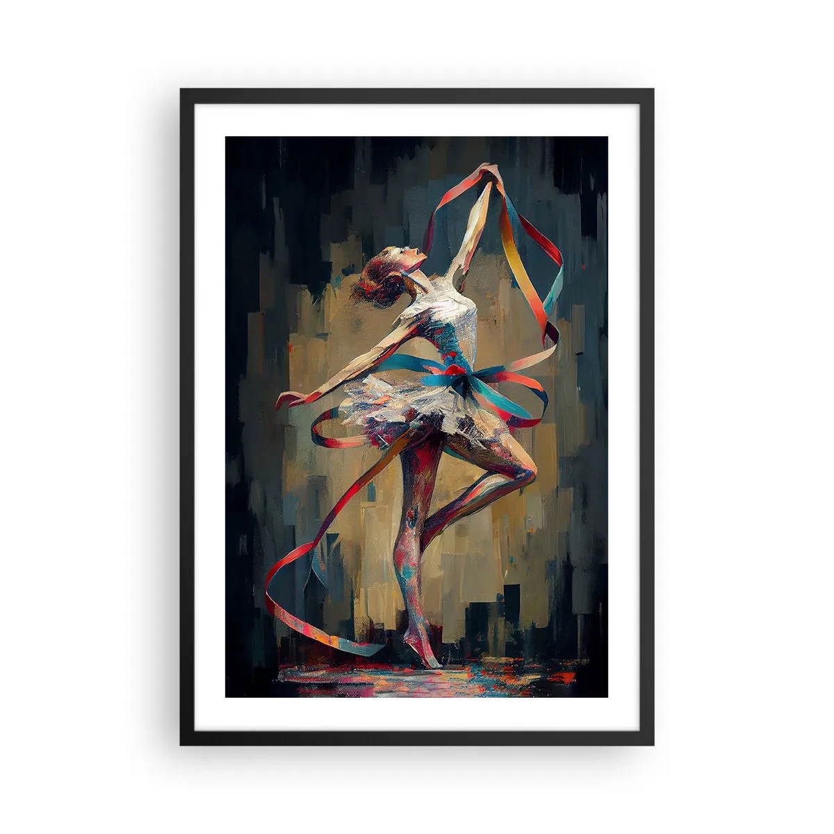 Plakát v černém rámu - Tanečnice v dynamické póze s barevnými stuhami. - 50x70cm - Tanec se stuhou - Moderní nástěnná dekorace do obývacího pokoje a ložnice ARTTOR