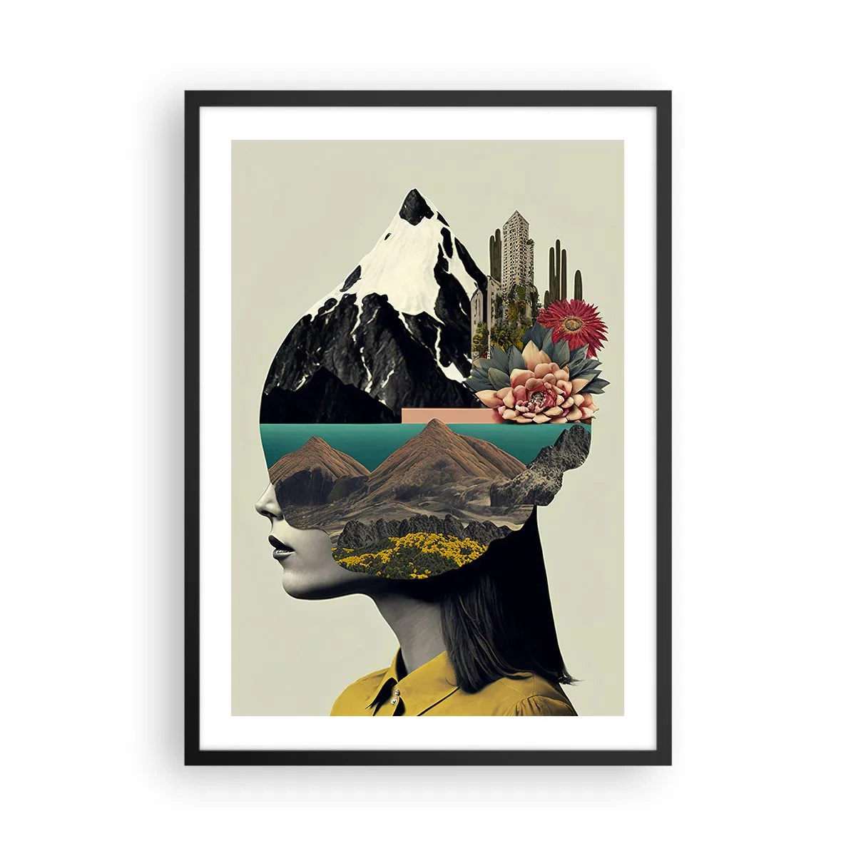 Plakát v černém rámu - Žena se surrealistickou krajinou v hlavě - 50x70cm - Žena – vždy tajemství - Moderní nástěnná dekorace do obývacího pokoje a ložnice ARTTOR