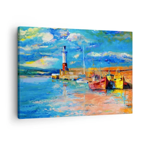 Obraz na plátně - Rybářský přístav s loděmi a majákem v jasných barvách - 70x50cm - Odpoledne v duhové zátoce - Moderní nástěnná dekorace do obývacího pokoje a ložnice ARTTOR
