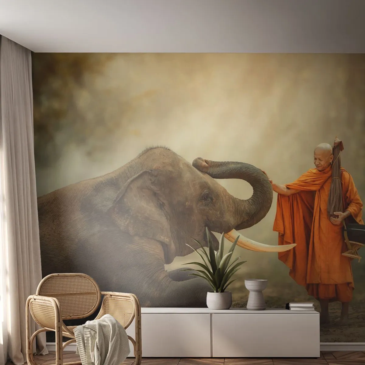 Fototapeta Samolepicí Deluxe Sticker - Setkání na cestách - Asie, Slon, Mnich - 250x175 cm