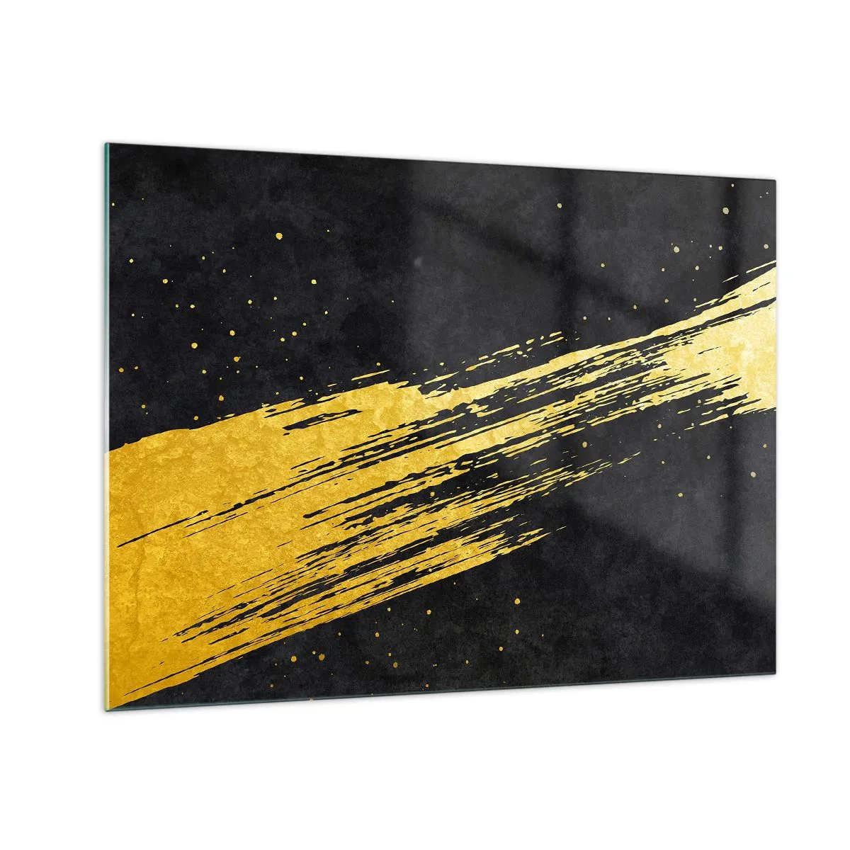 Obraz na skle - Zlatý štětec na černém pozadí v dynamické, abstraktní podobě - 70x50cm - Skok do hyperprostoru - Moderní nástěnná dekorace do obývacího pokoje a ložnice ARTTOR