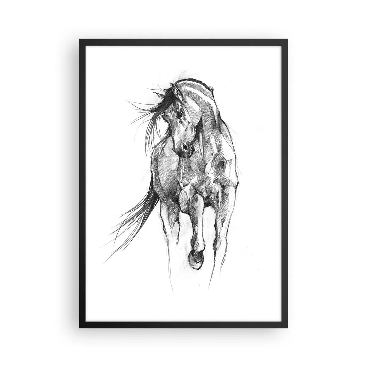 Plakát v černém rámu - Náčrt koně v dynamické póze - 50x70cm - V ladném klusu - Moderní nástěnná dekorace do obývacího pokoje a ložnice ARTTOR