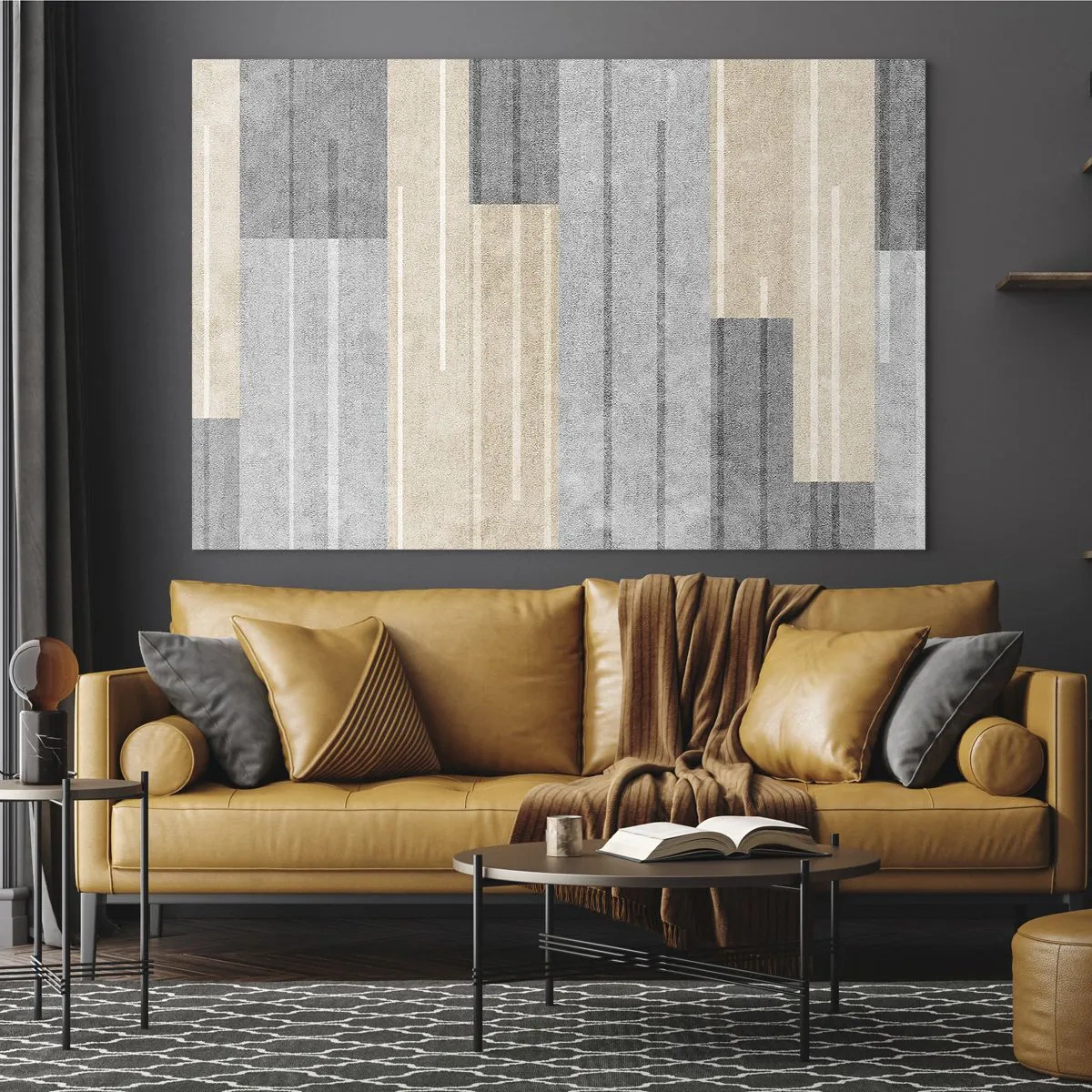 Obraz na skle - Geometrické pruhy v odstínech šedé a béžové - 70x50cm - Kompozice: drž se - Moderní nástěnná dekorace do obývacího pokoje a ložnice ARTTOR