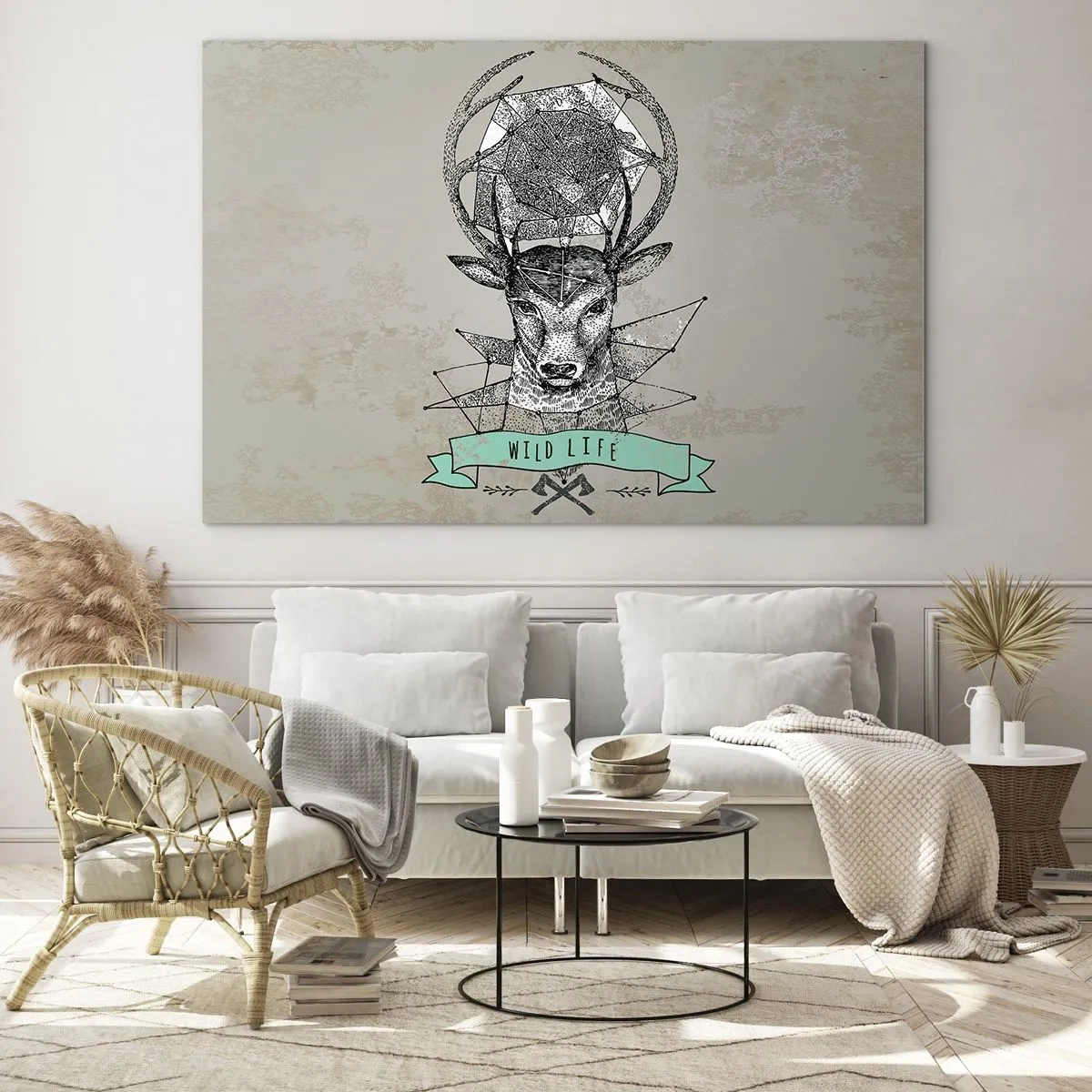 Obraz na skle - Geometrická kresba jelena s nápisem Wild Life - 70x50cm - Vidění sv. Huberta - Moderní nástěnná dekorace do obývacího pokoje a ložnice ARTTOR