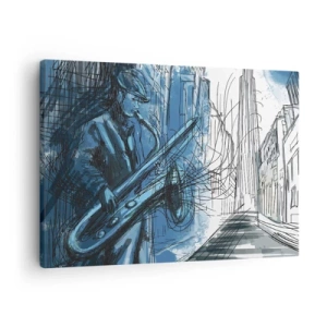 Obraz na plátně - Postava hrající na saxofon na pozadí města - 70x50cm - Městská rapsodie - Moderní nástěnná dekorace do obývacího pokoje a ložnice ARTTOR