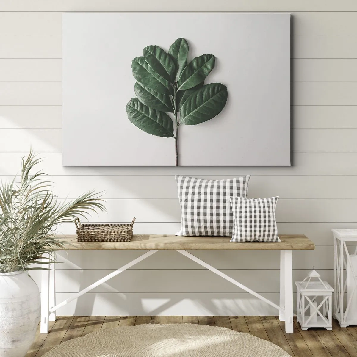 Obraz na plátně - Snítka zelených listů na světlém pozadí - 70x50cm - Kresba samotné přírody - Moderní nástěnná dekorace do obývacího pokoje a ložnice ARTTOR
