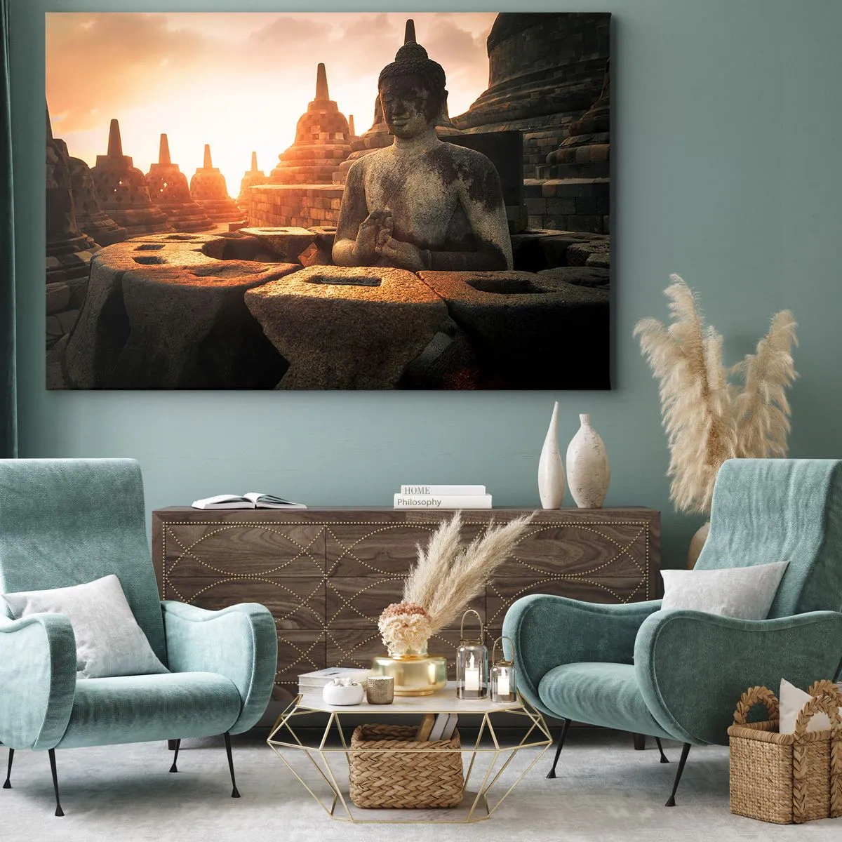 Obraz na plátně - Socha Buddhy v chrámu Borobudur při západu slunce - 70x50cm - Počasí velké moudrosti - Moderní nástěnná dekorace do obývacího pokoje a ložnice ARTTOR