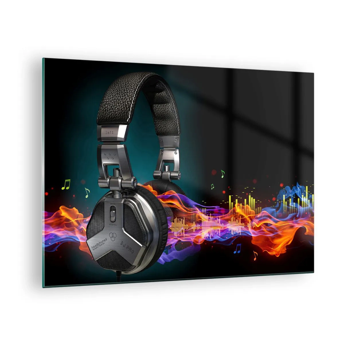 Obraz na skle - DJ sluchátka s barevnými zvukovými vlnami a hudebními notami - 70x50cm - V ohni hudby - Moderní nástěnná dekorace do obývacího pokoje a ložnice ARTTOR