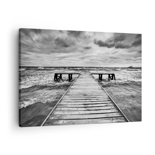 Obraz na plátně - Černobílý pohled na dřevěné molo nad rozbouřeným mořem. - 70x50cm - Čekám na vítr, co rozfouká… - Moderní nástěnná dekorace do obývacího pokoje a ložnice ARTTOR