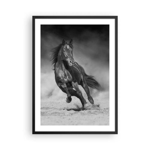 Plakát v černém rámu - Temný kůň v dynamickém závodě - 50x70cm - Hodné samotného emíra - Moderní nástěnná dekorace do obývacího pokoje a ložnice ARTTOR