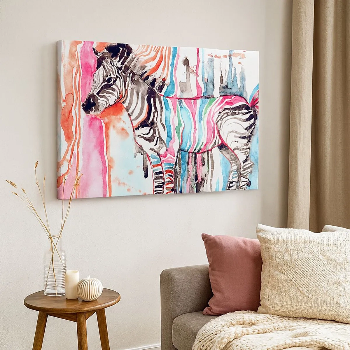Obraz na plátně - Barevná zebra na pozadí abstraktních akvarelových vzorů - 70x50cm - Bezstarostný vtip přírody - Moderní nástěnná dekorace do obývacího pokoje a ložnice ARTTOR