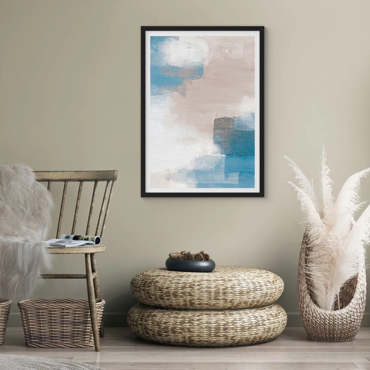 Plakát v černém rámu - Abstraktní kompozice v odstínech modré a béžové - 50x70cm - Růžová abstrakce za modrým závojem - Moderní nástěnná dekorace do obývacího pokoje a ložnice ARTTOR