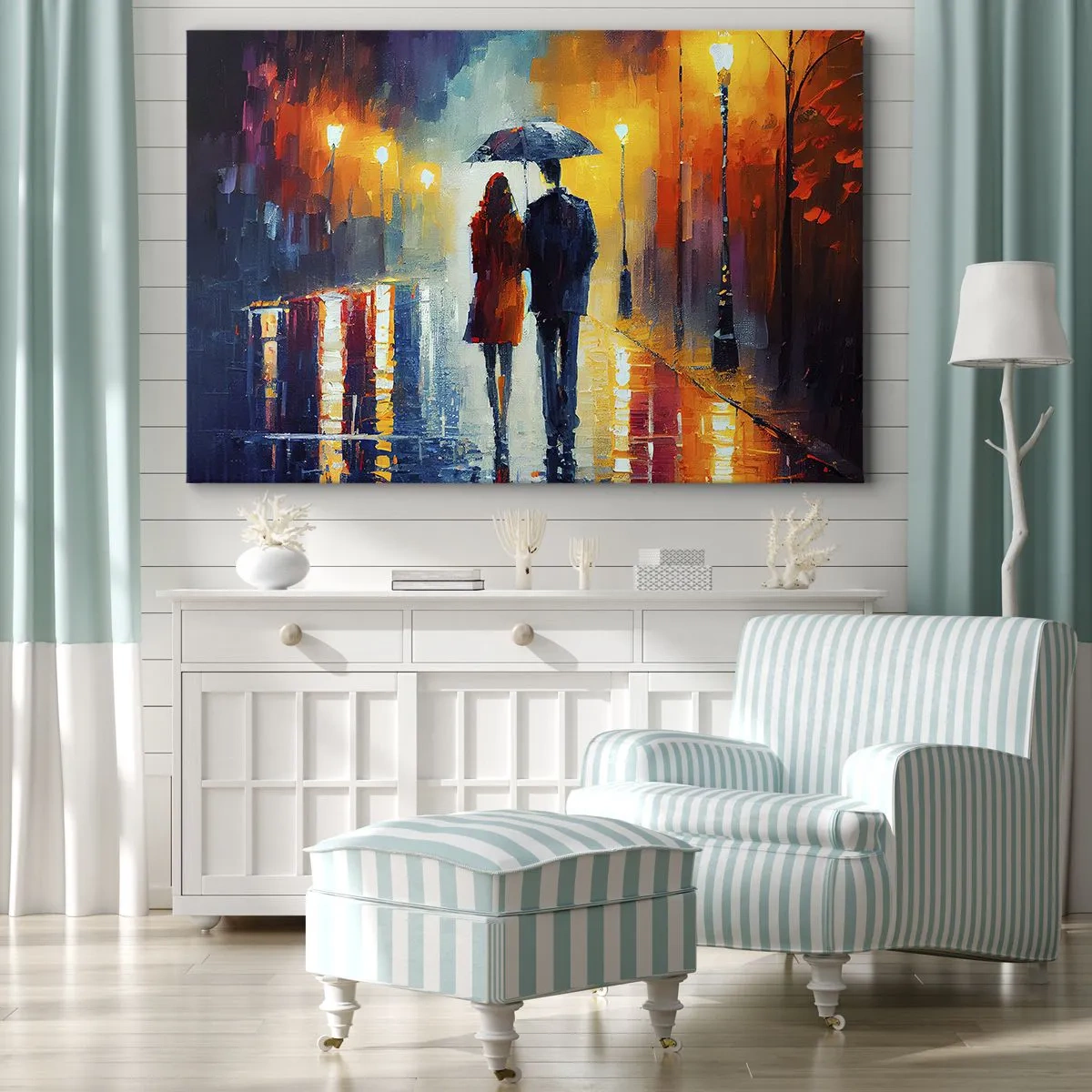 Obraz na plátně - Pár pod deštníkem procházející se barevným nočním městem - 70x50cm - Spolu – barevná noc - Moderní nástěnná dekorace do obývacího pokoje a ložnice ARTTOR