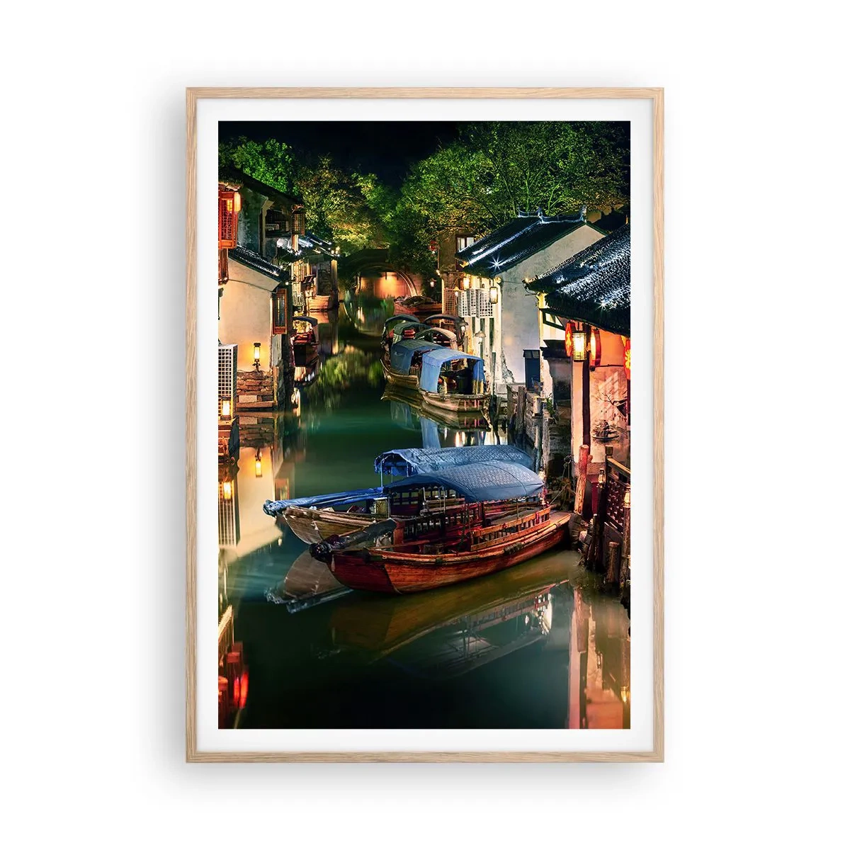 Plakát v rámu světlý dub - Večer na čínské ulici - 70x100 cm